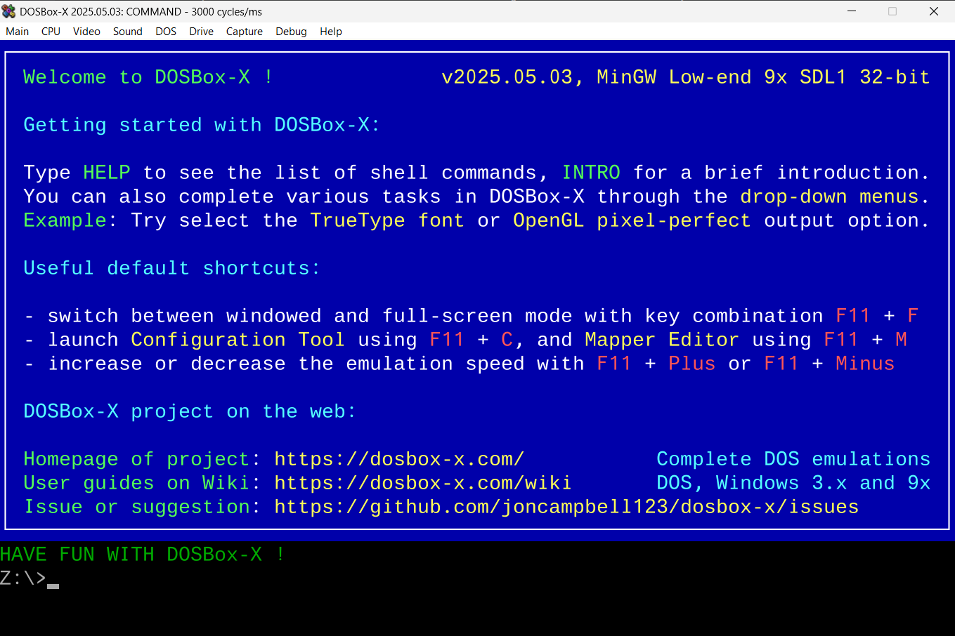 DosBox-X main page
